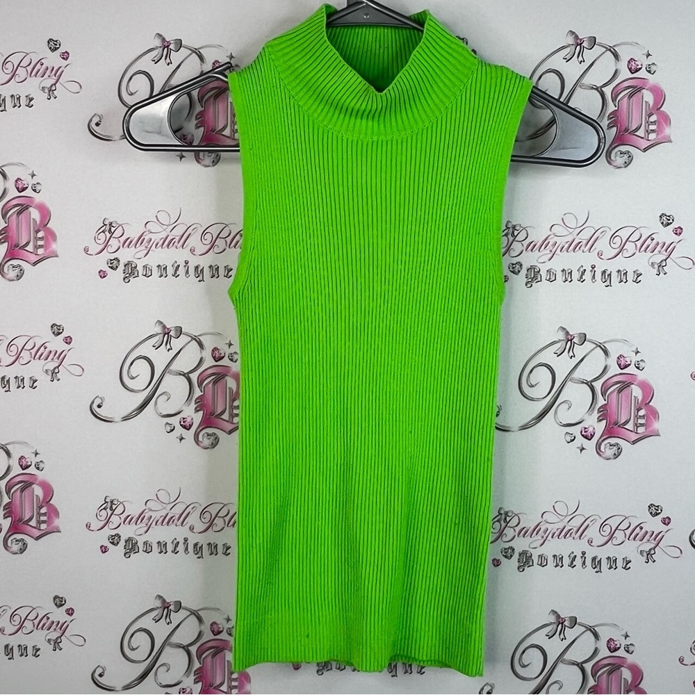 Twik turtleneck tank top bright neon Vibrant Lime Green Sleeveless knit